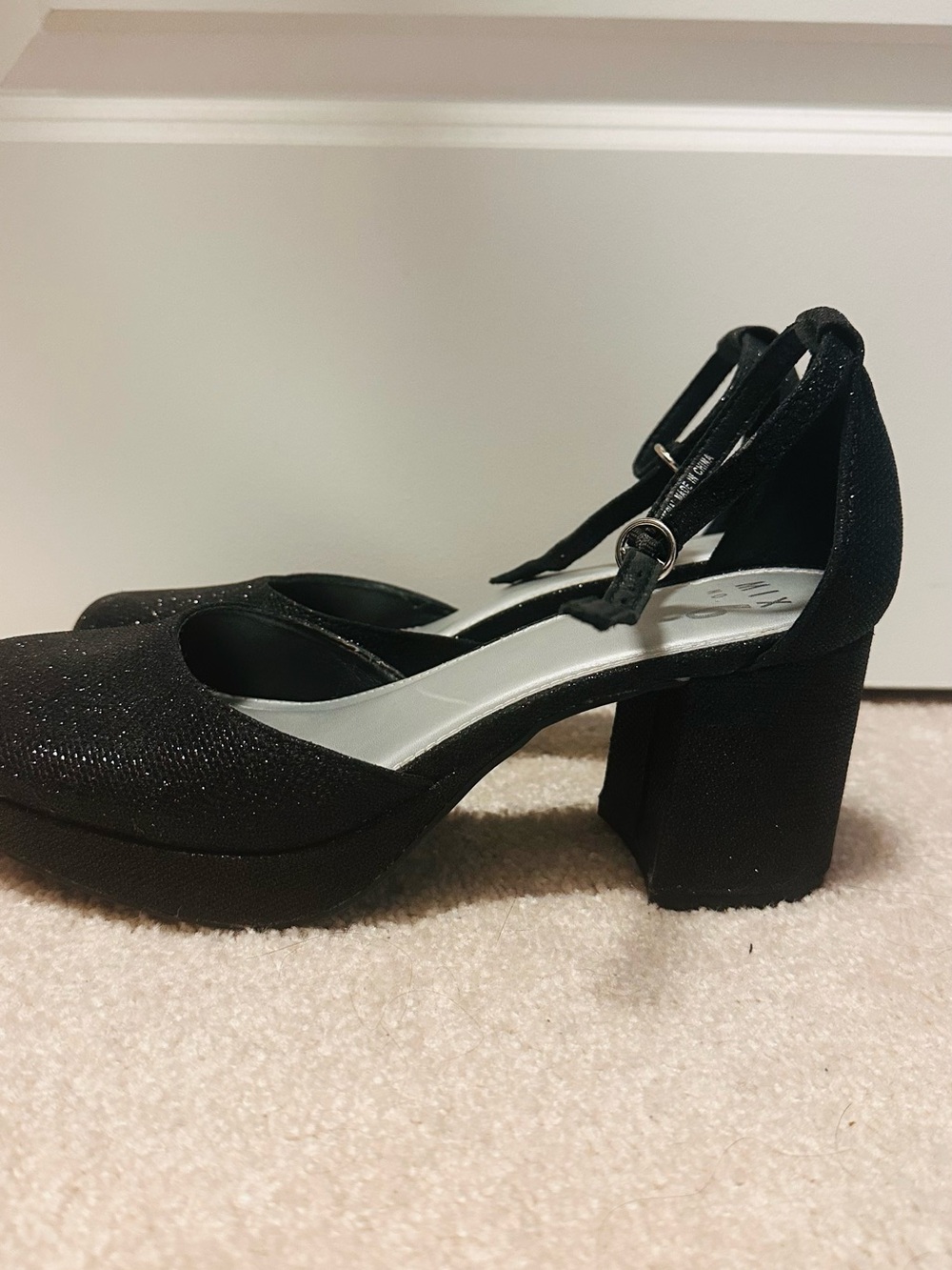 Black Sparkle Block Heel Ankle-Strap Pumps